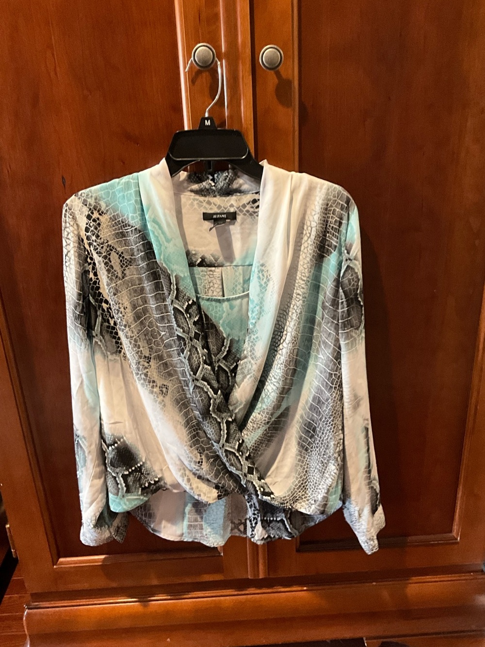 Alfani Women's Aqua Snake-Print Wrap Blouse Size 8